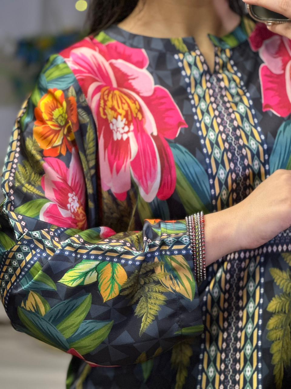 Striking Dark Base Floral Print Silk 3-Piece Cord Set