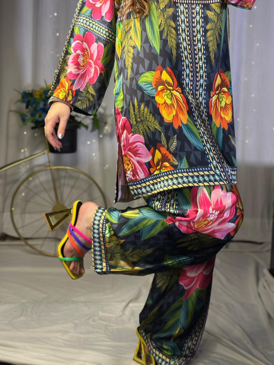 Striking Dark Base Floral Print Silk 3-Piece Cord Set