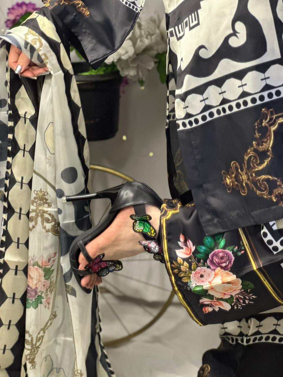 Chic Black &amp; White Digital Print Silk 3-Piece Cord Set