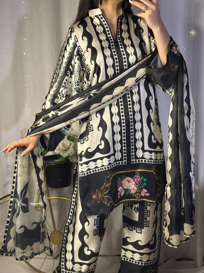 Chic Black &amp; White Digital Print Silk 3-Piece Cord Set