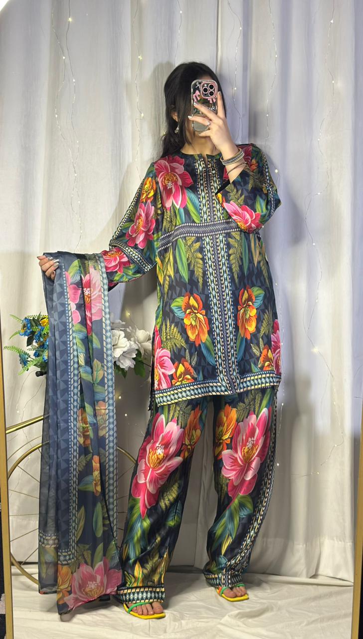 Striking Dark Base Floral Print Silk 3-Piece Cord Set