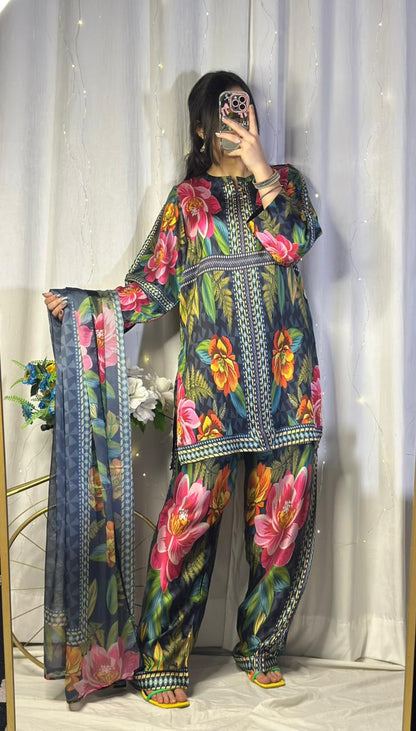Striking Dark Base Floral Print Silk 3-Piece Cord Set