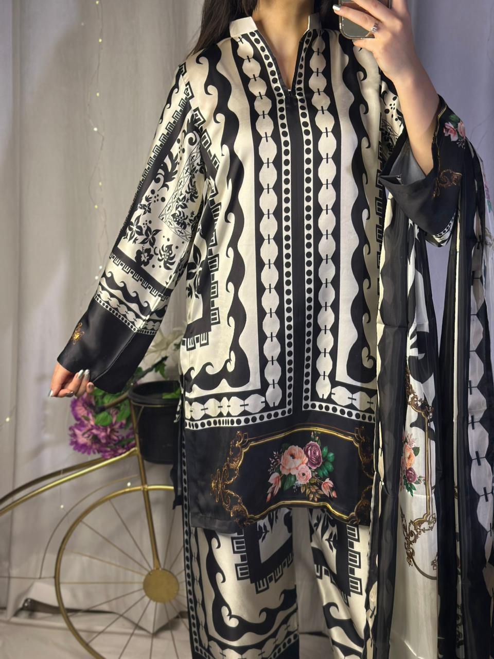 Chic Black &amp; White Digital Print Silk 3-Piece Cord Set
