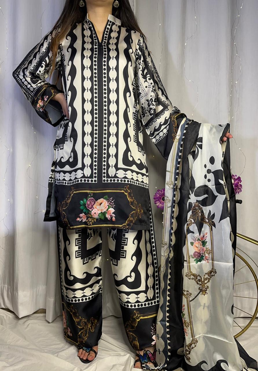 Chic Black &amp; White Digital Print Silk 3-Piece Cord Set