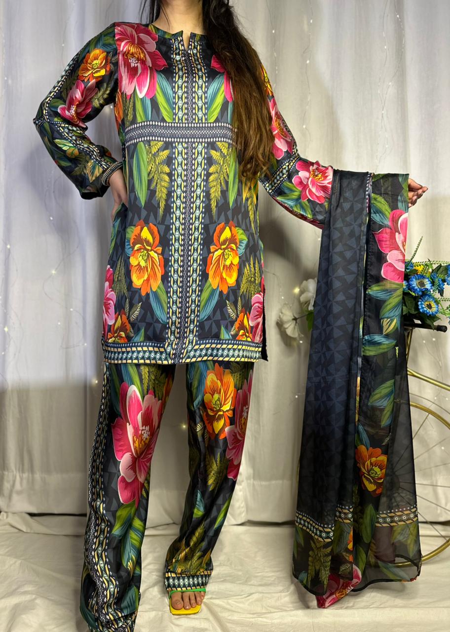 Striking Dark Base Floral Print Silk 3-Piece Cord Set
