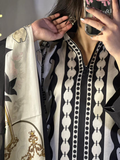 Chic Black &amp; White Digital Print Silk 3-Piece Cord Set