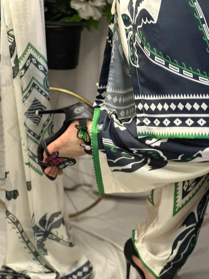 Monochrome Tropical Print Silk 3-Piece Cord Set with Green Accents