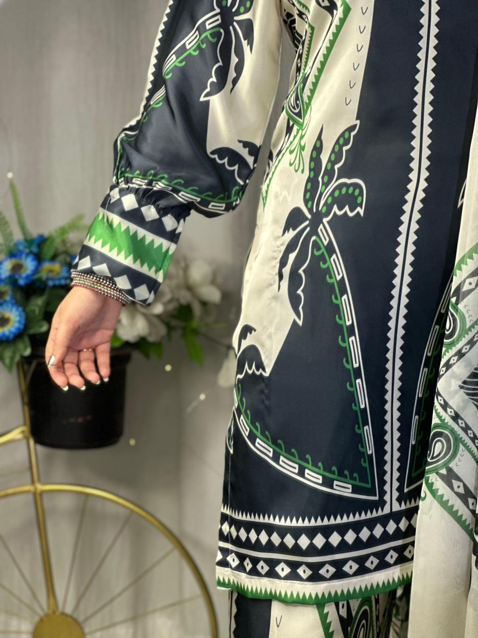 Monochrome Tropical Print Silk 3-Piece Cord Set with Green Accents