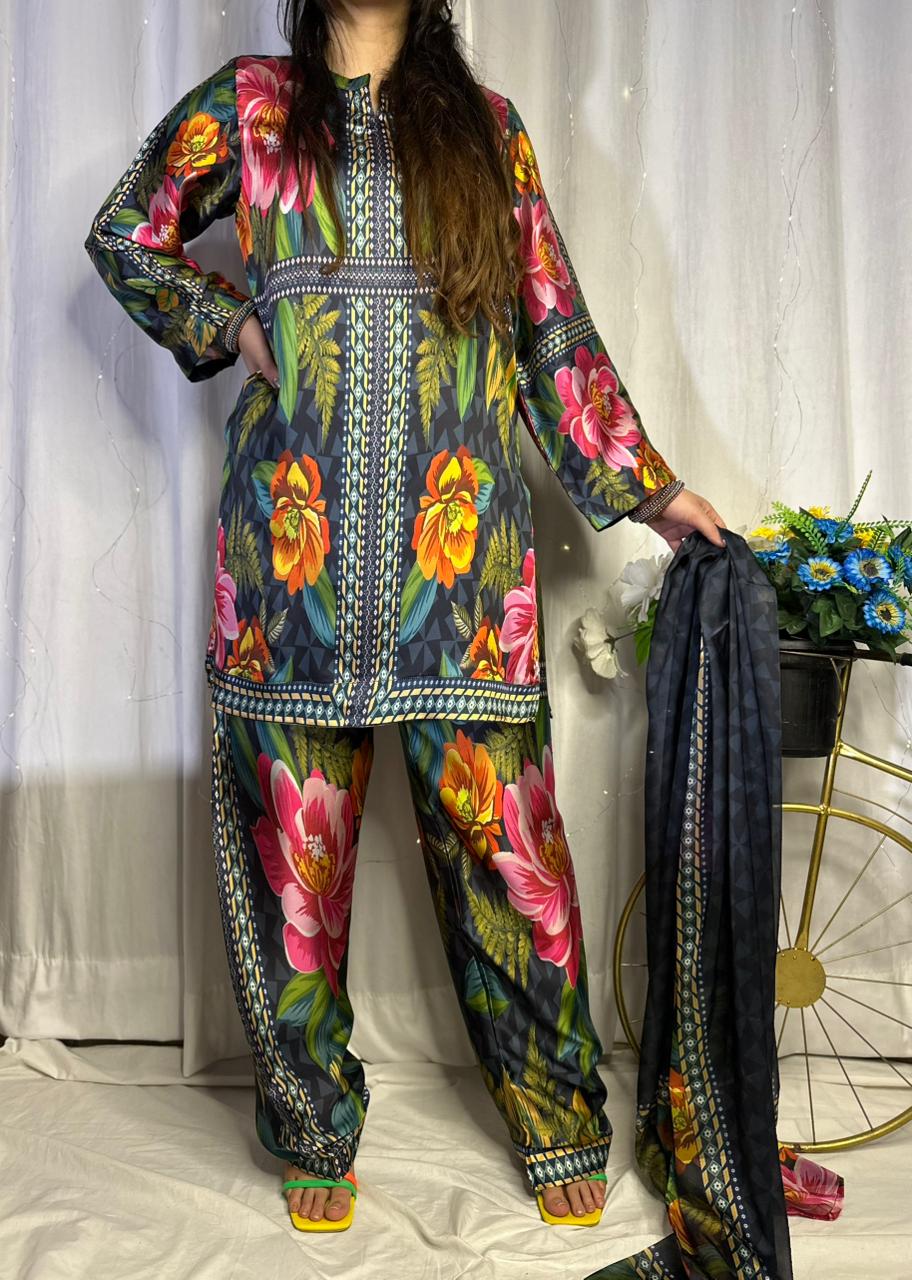 Striking Dark Base Floral Print Silk 3-Piece Cord Set