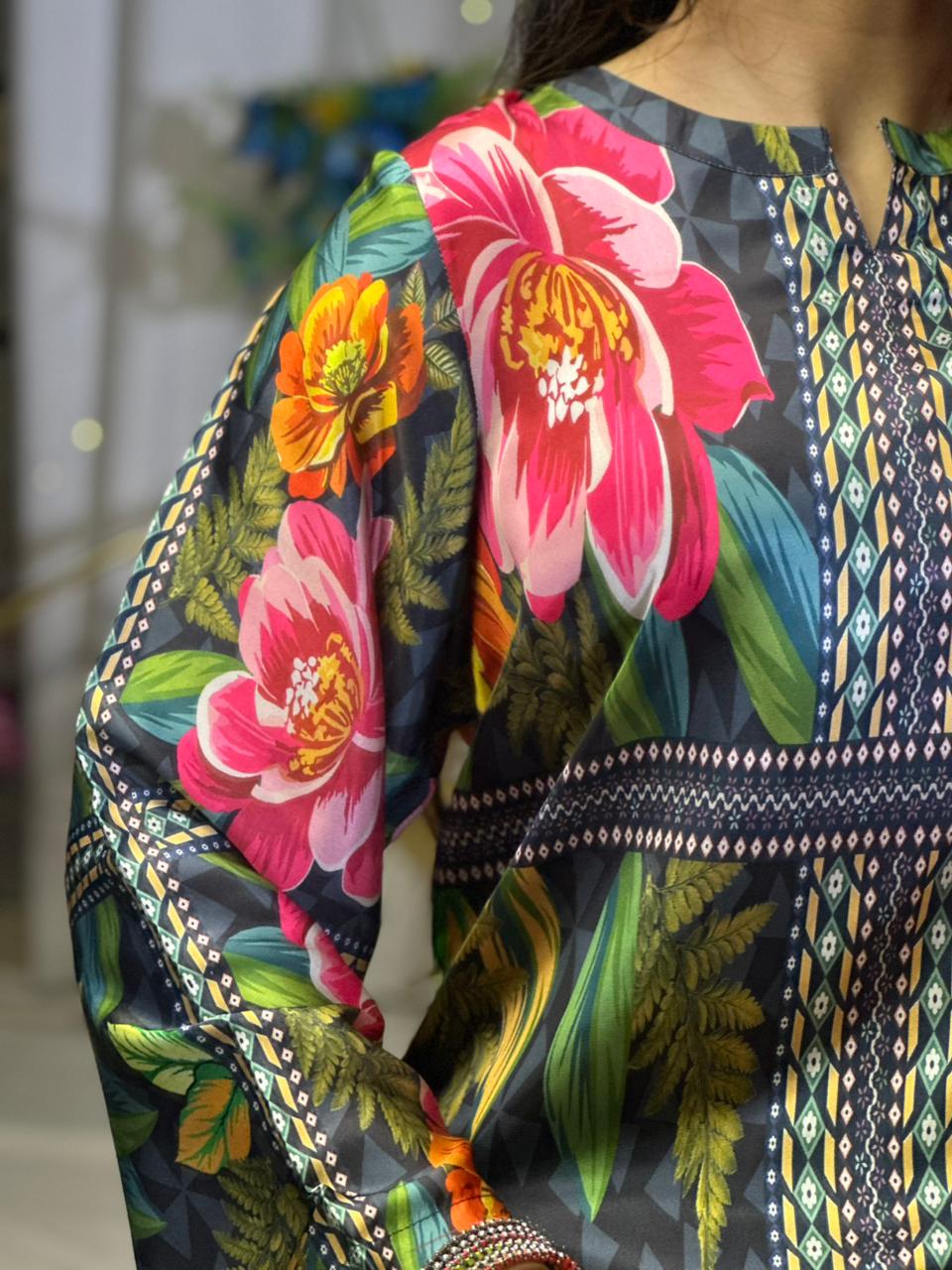 Striking Dark Base Floral Print Silk 3-Piece Cord Set