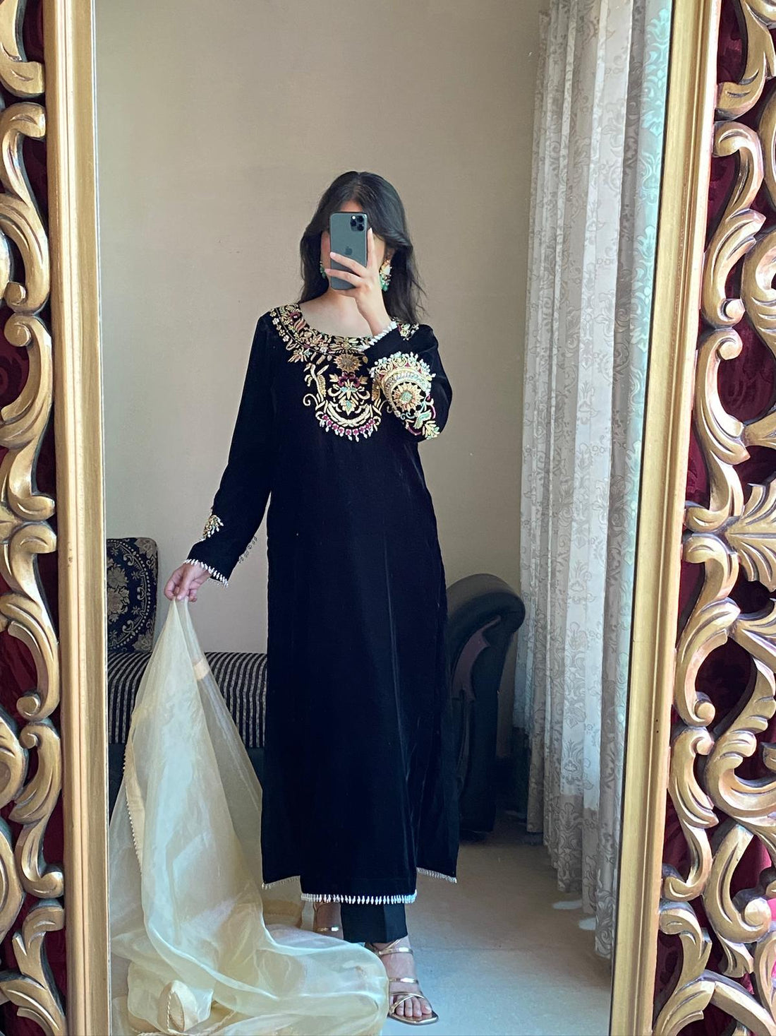 Luxurious Black Velvet 3-Piece Suit with Sequin &amp; Motif Embroidery