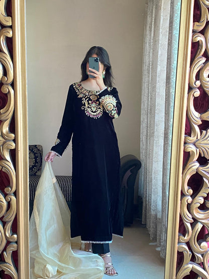 Luxurious Black Velvet 3-Piece Suit with Sequin &amp; Motif Embroidery