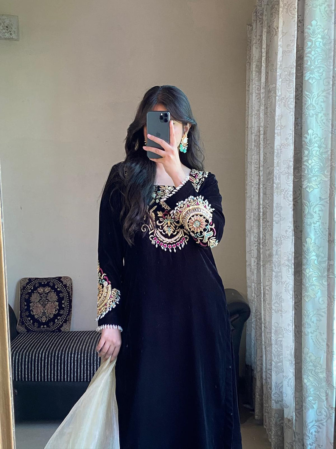 Luxurious Black Velvet 3-Piece Suit with Sequin &amp; Motif Embroidery