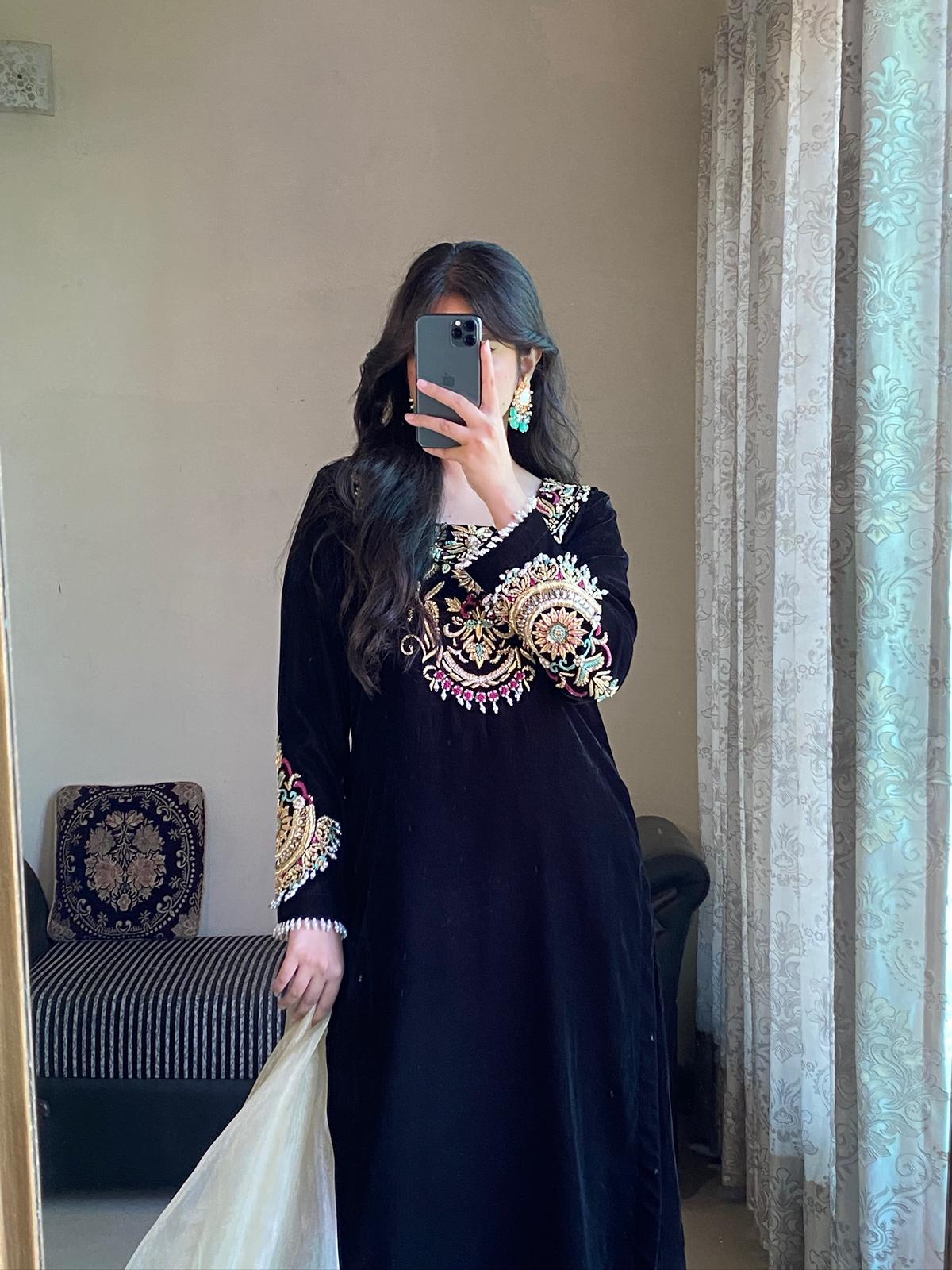 Luxurious Black Velvet 3-Piece Suit with Sequin &amp; Motif Embroidery