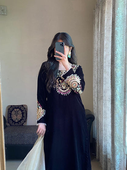 Luxurious Black Velvet 3-Piece Suit with Sequin &amp; Motif Embroidery