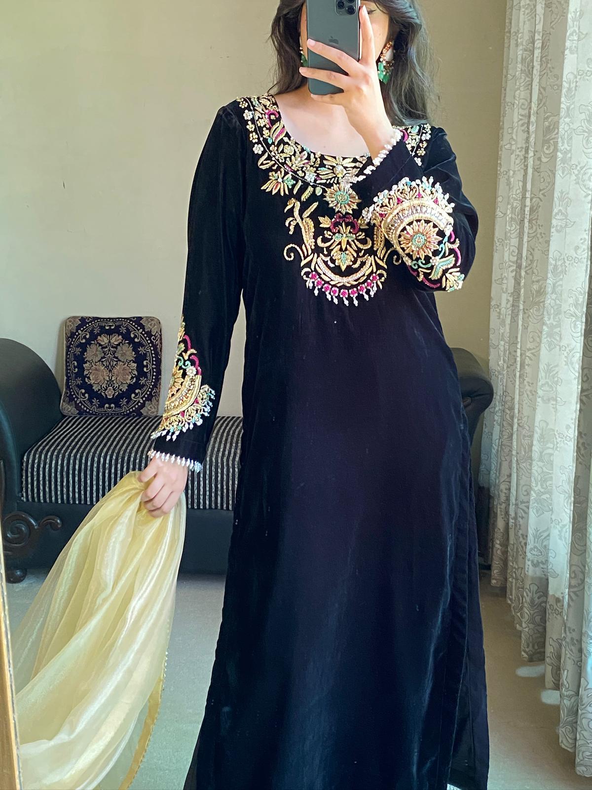 Luxurious Black Velvet 3-Piece Suit with Sequin &amp; Motif Embroidery