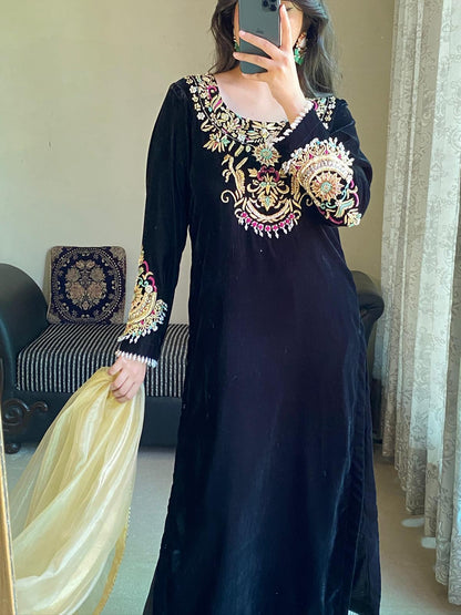 Luxurious Black Velvet 3-Piece Suit with Sequin &amp; Motif Embroidery
