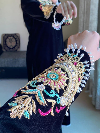 Luxurious Black Velvet 3-Piece Suit with Sequin &amp; Motif Embroidery