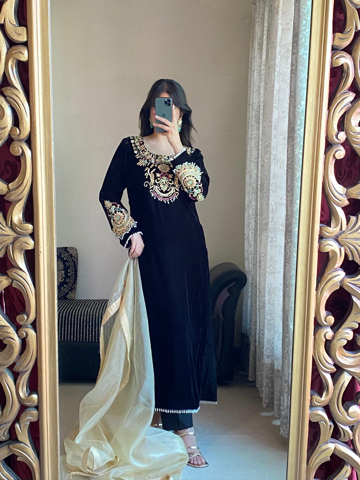 Luxurious Black Velvet 3-Piece Suit with Sequin &amp; Motif Embroidery
