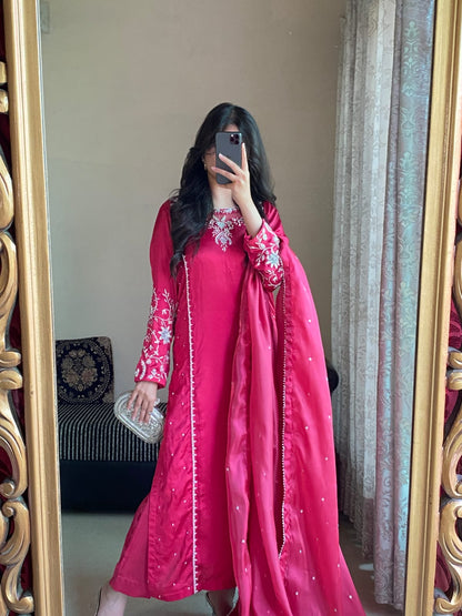 Striking Shocking Pink Shisha Silk 3-Piece Suit with Motif &amp; Beads Work