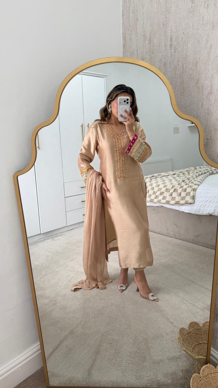 Elegant Light Golden Silk 3-Piece Party Wear Suit with Embellishments