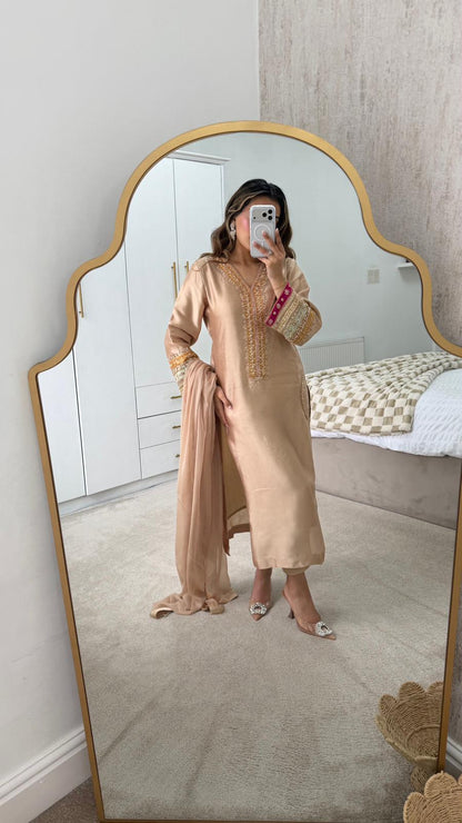 Elegant Light Golden Silk 3-Piece Party Wear Suit with Embellishments