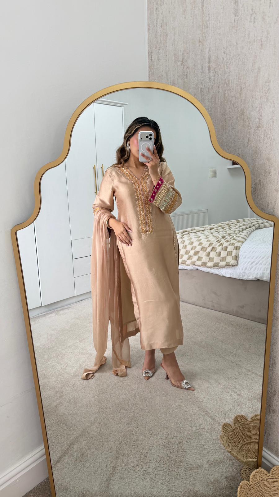 Elegant Light Golden Silk 3-Piece Party Wear Suit with Embellishments