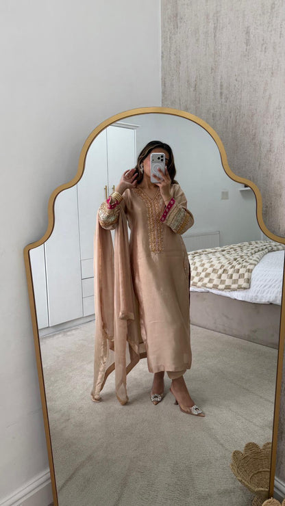 Elegant Light Golden Silk 3-Piece Party Wear Suit with Embellishments