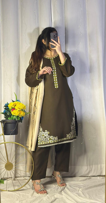 Elegant Chocolate Brown Dhanak Suit with Matching Embroidered Shawl