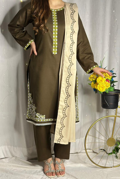 Elegant Chocolate Brown Dhanak Suit with Matching Embroidered Shawl