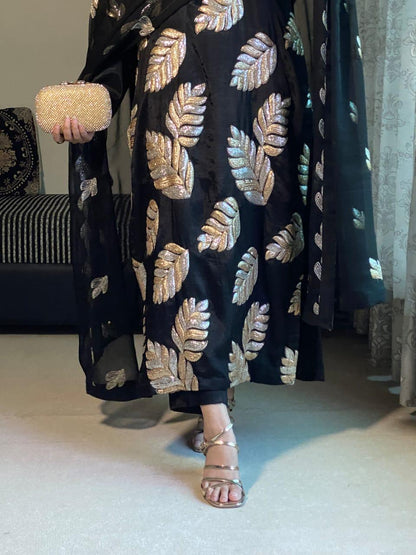 Statement Black Raw Silk Suit with Dual-Tone Gold &amp; Silver Sequin Leaves