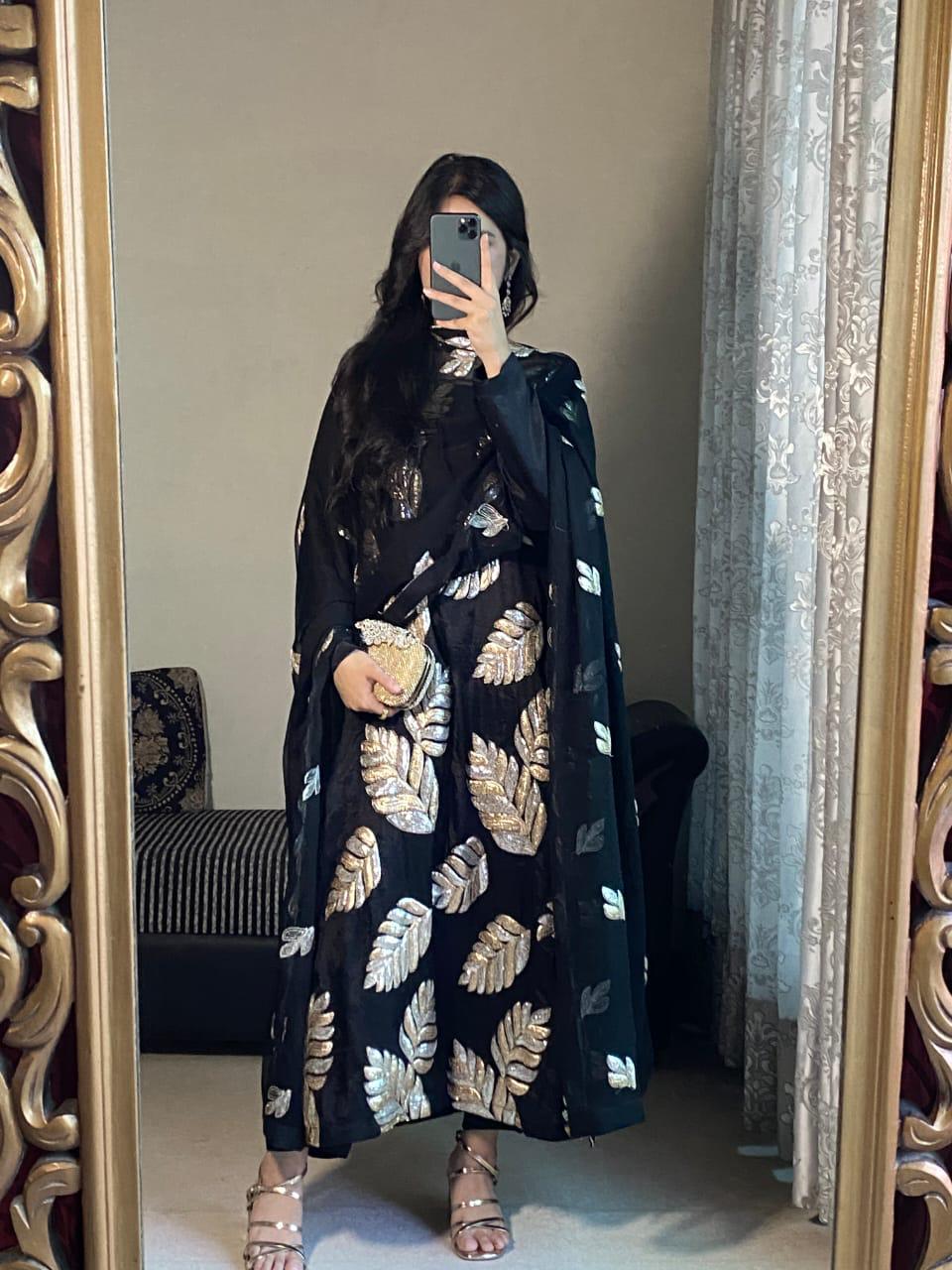 Statement Black Raw Silk Suit with Dual-Tone Gold &amp; Silver Sequin Leaves