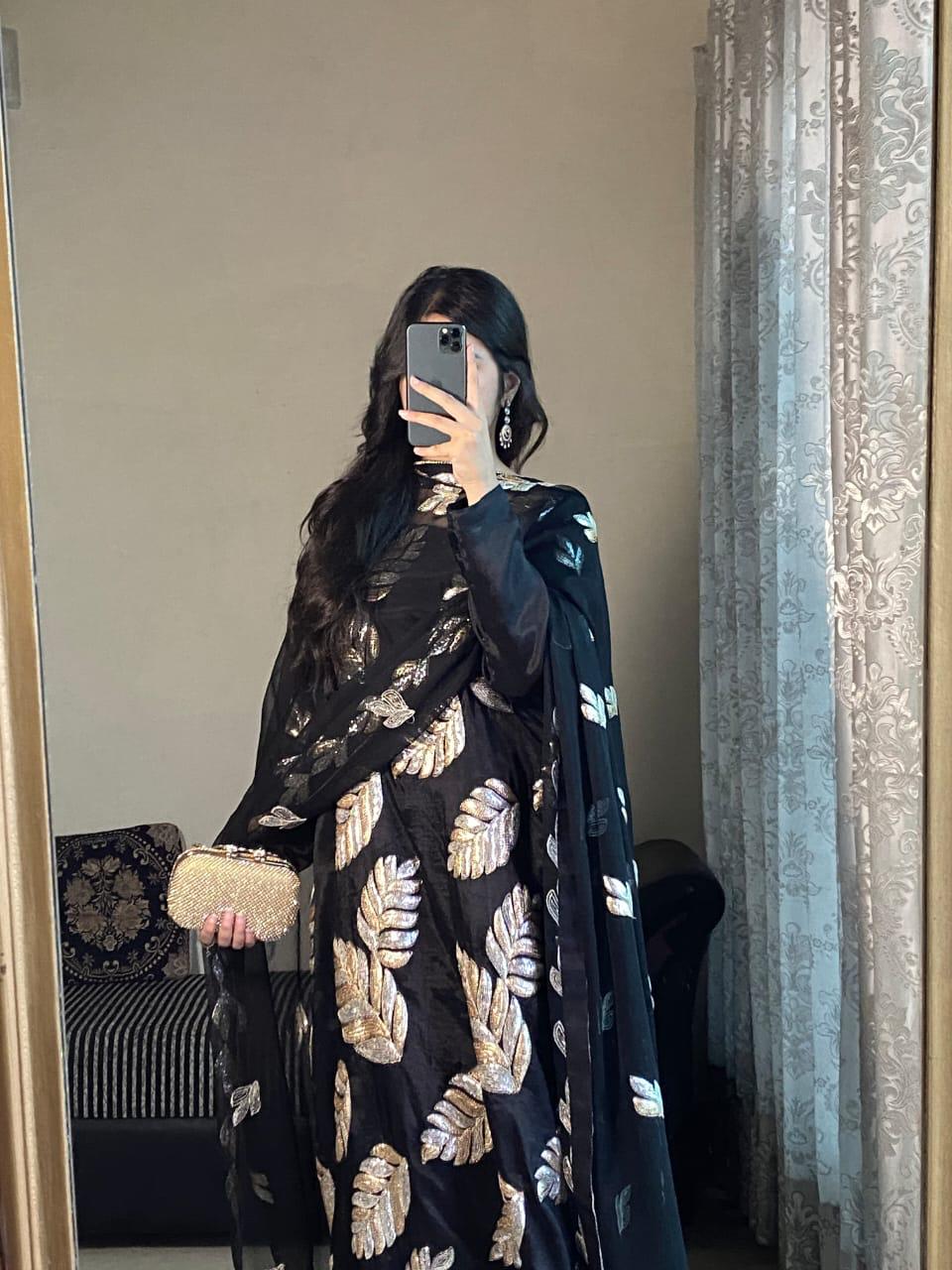 Statement Black Raw Silk Suit with Dual-Tone Gold &amp; Silver Sequin Leaves