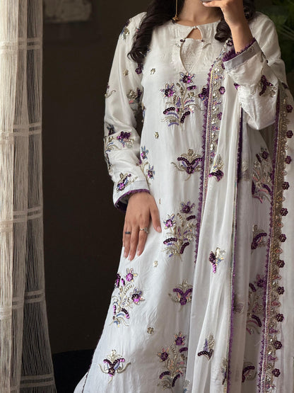 Shisha Silk Embroidered 3-Piece Suit – Ivory &amp; Purple
