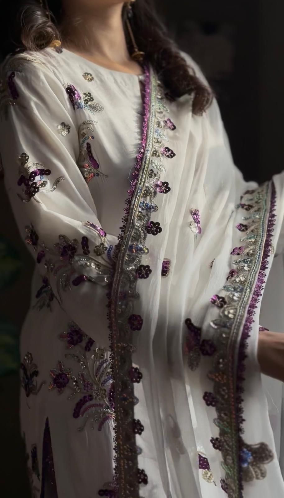 Shisha Silk Embroidered 3-Piece Suit – Ivory &amp; Purple