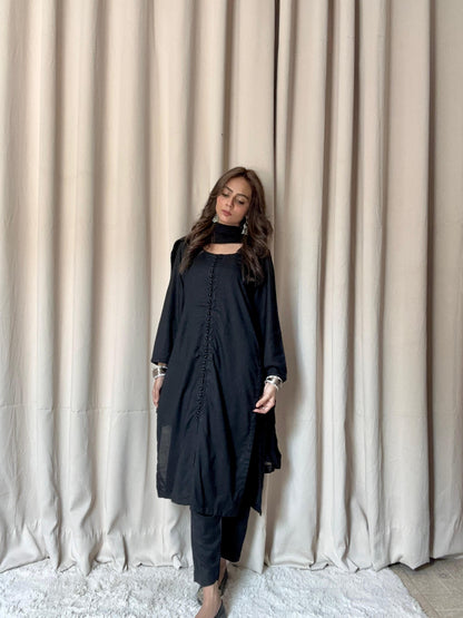 Classic Black Silk 3-Piece Suit with Chiffon Dupatta