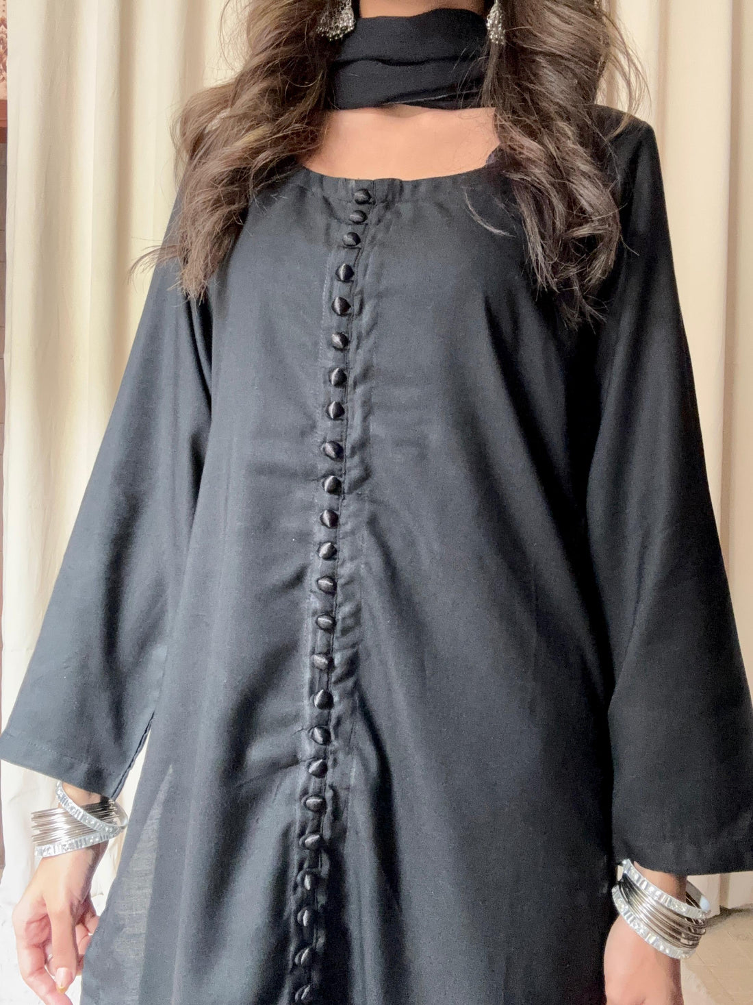 Classic Black Silk 3-Piece Suit with Chiffon Dupatta
