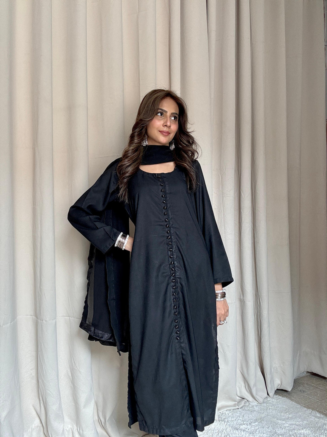 Classic Black Silk 3-Piece Suit with Chiffon Dupatta