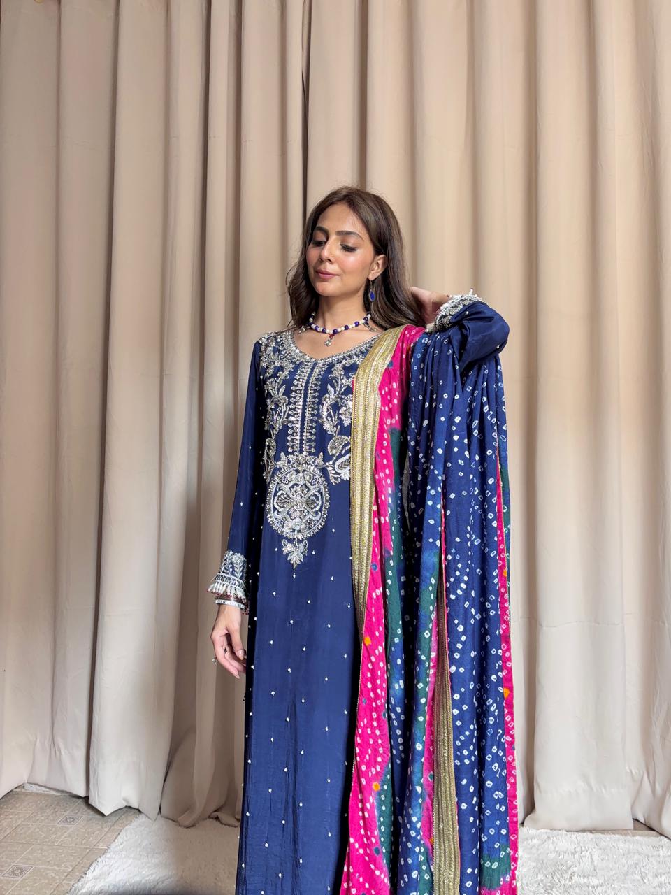 Royal Blue Silk 3-Piece Party Wear with Multi-Color Chunri Dupatta