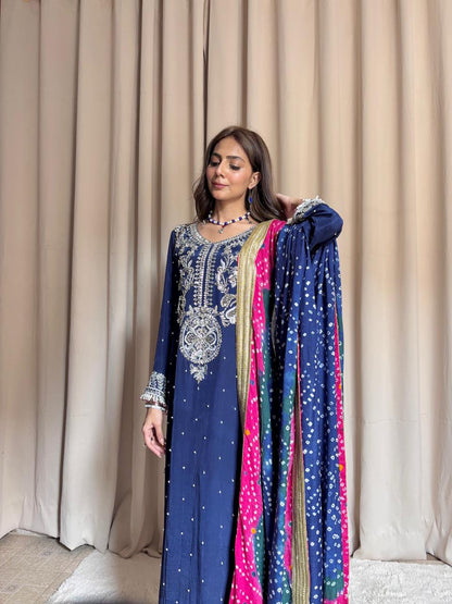 Royal Blue Silk 3-Piece Party Wear with Multi-Color Chunri Dupatta