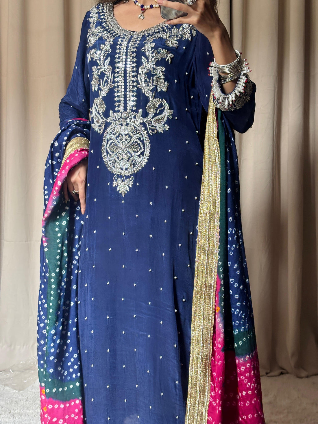 Royal Blue Silk 3-Piece Party Wear with Multi-Color Chunri Dupatta