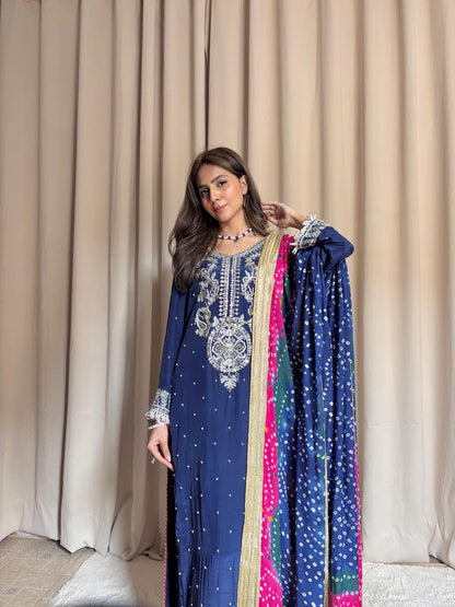 Royal Blue Silk 3-Piece Party Wear with Multi-Color Chunri Dupatta