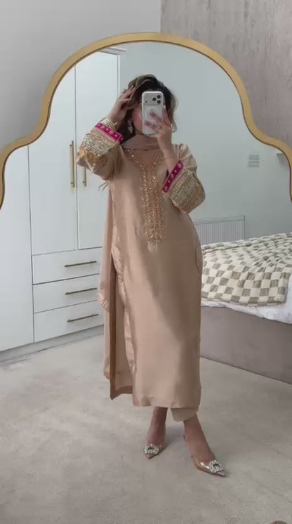 Elegant Light Golden Silk 3-Piece Party Wear Suit with Embellishments