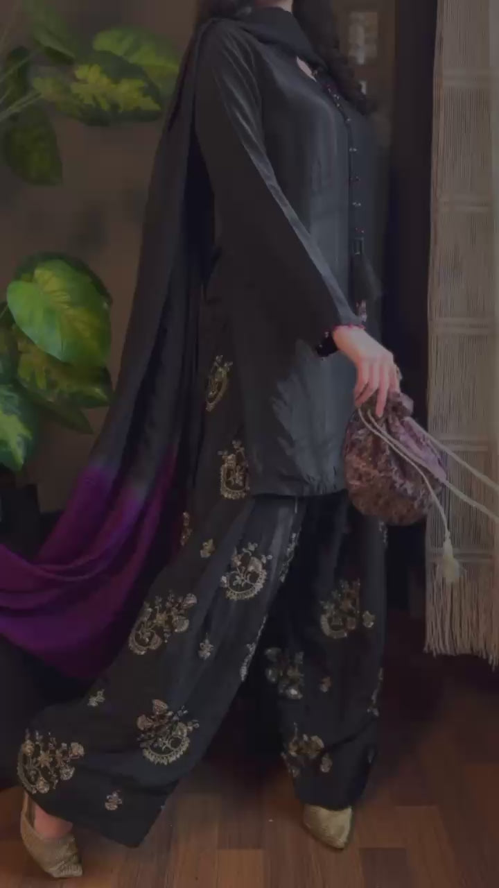 Black &amp; Purple Embroidered Raw Silk Farshi Suit